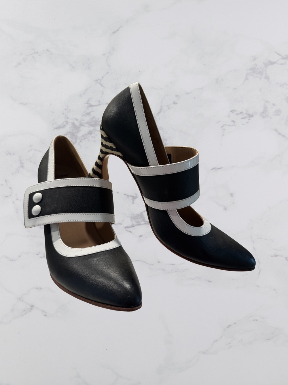 John Fluevog black and white closed toe heel